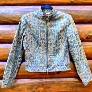 ABS Allen Schwartz Blue Snakeskin Print Leather Jacket